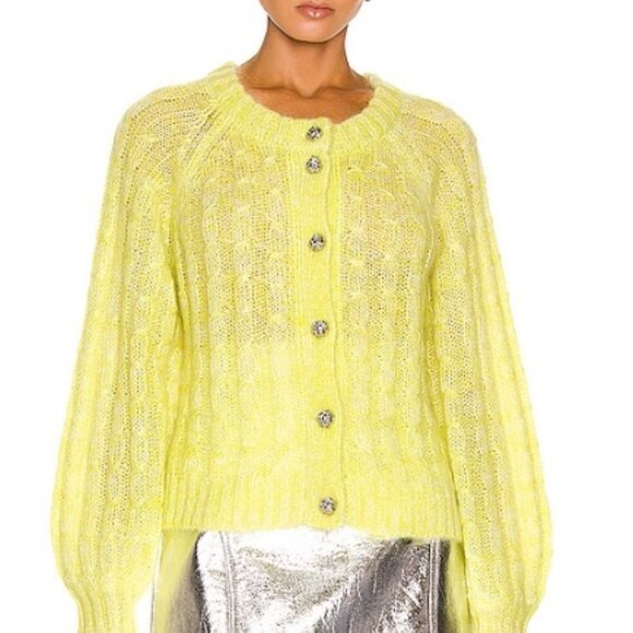 GANNI Mohair/Wool Long Sleeves Cable Knit Cardigan in Egret XS